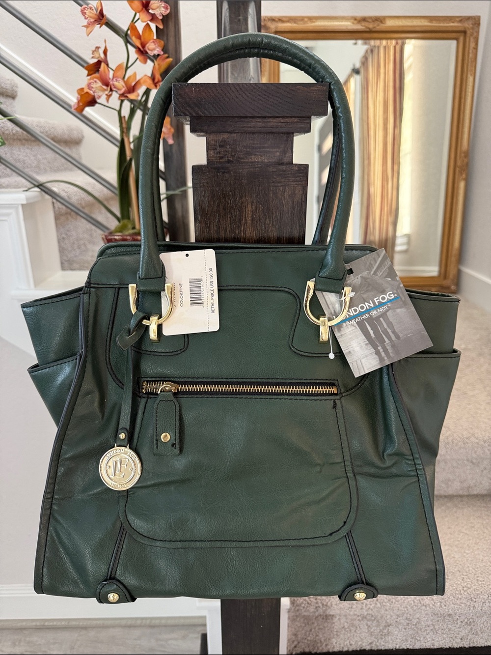London Fog Dark Green Tote with Gold Hardware